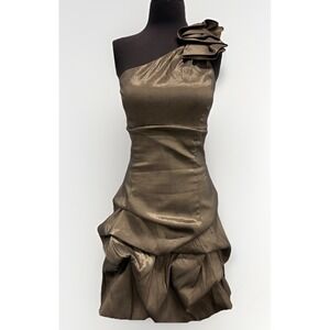 Jessica McClintock Cocktail Dress 8 Mini Satin Silver Gold Bubble Hem Party VTG